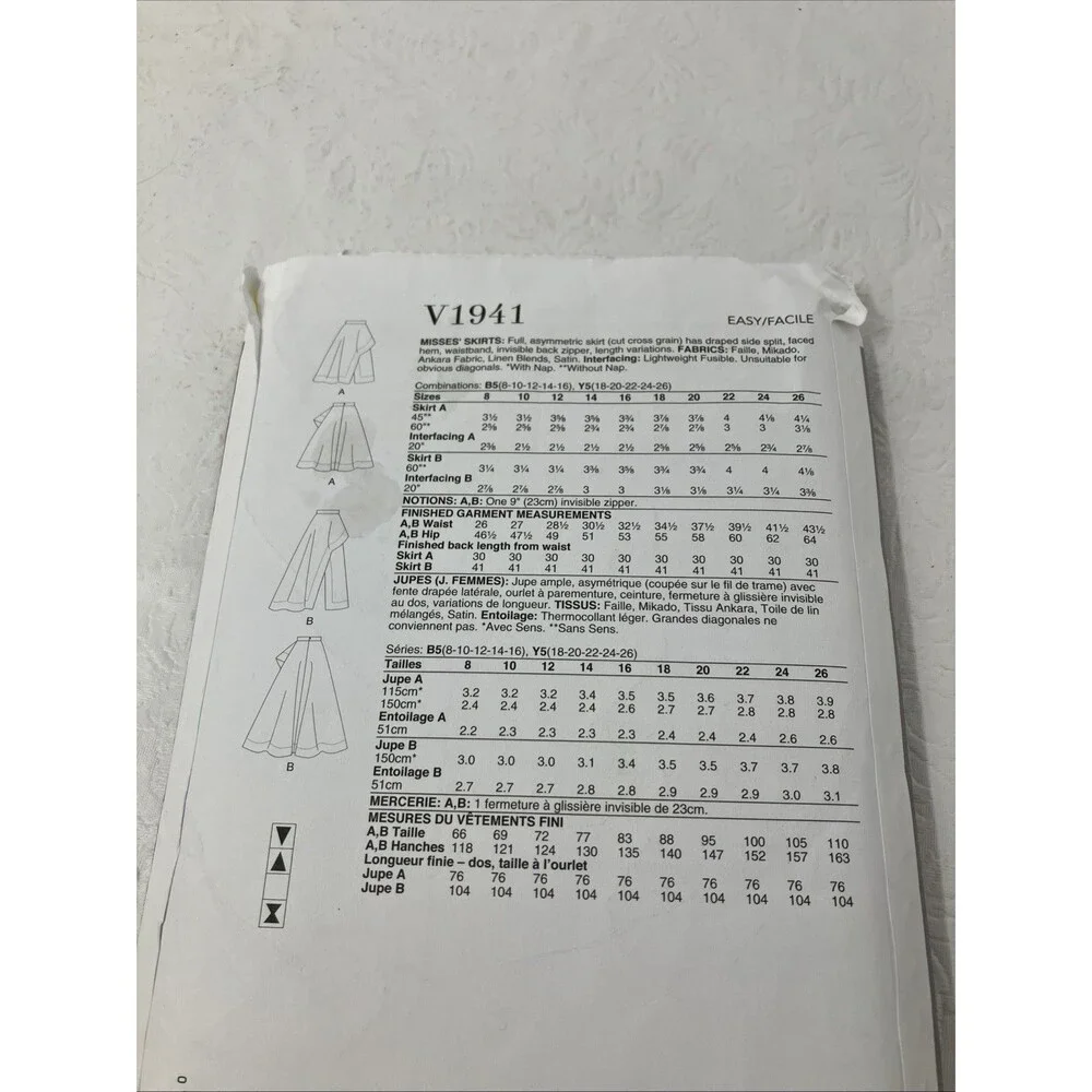 V1941 Vogue Pattern Size 8-16 Easy Full Asymmetric Skirt Uncut